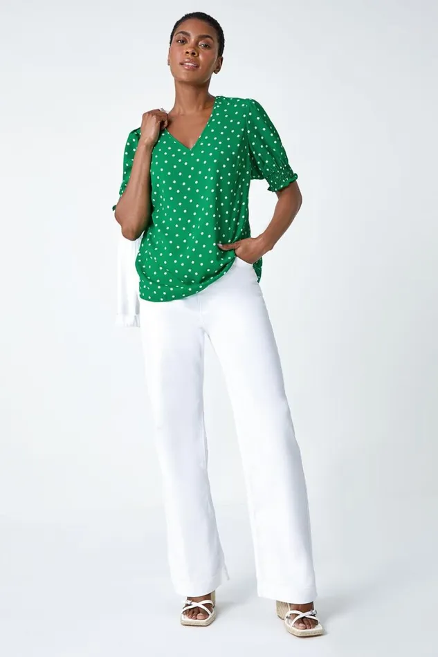 Green Polka Dot Shirred Top Women Roman Tops