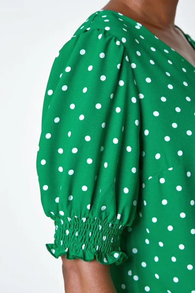 Green Polka Dot Shirred Top Women Roman Tops