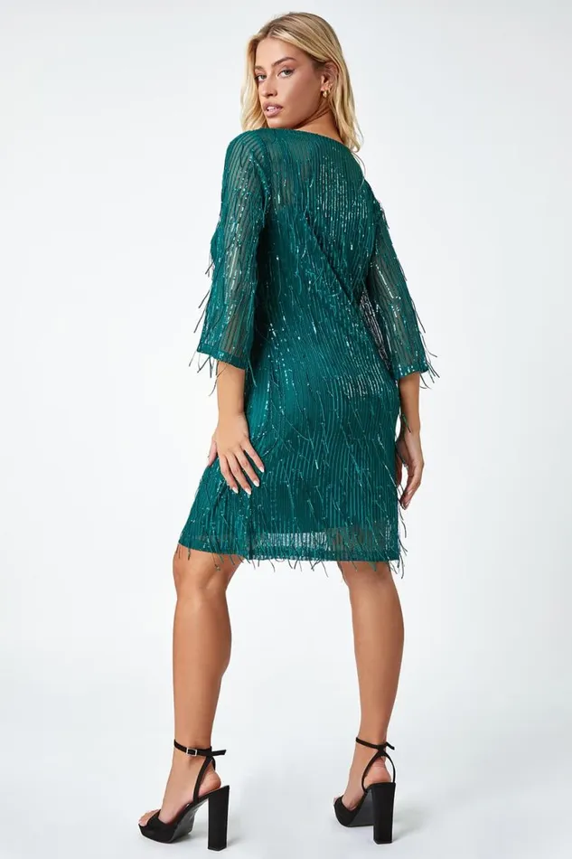 Green Sequin Sparkle Tassel Shift Dress Women Roman Dresses
