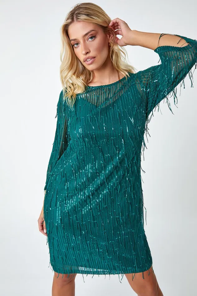 Green Sequin Sparkle Tassel Shift Dress Women Roman Dresses