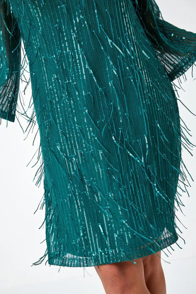 Green Sequin Sparkle Tassel Shift Dress Women Roman Dresses