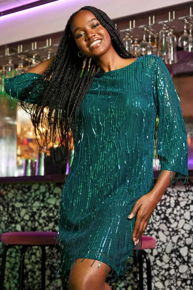 Green Sequin Sparkle Tassel Shift Dress Women Roman Dresses