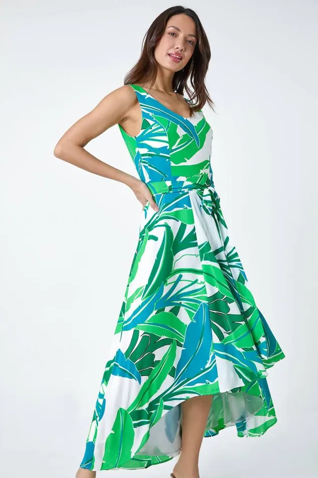 Green Sleeveless Palm Print High Low Maxi Dress Women Roman Dresses