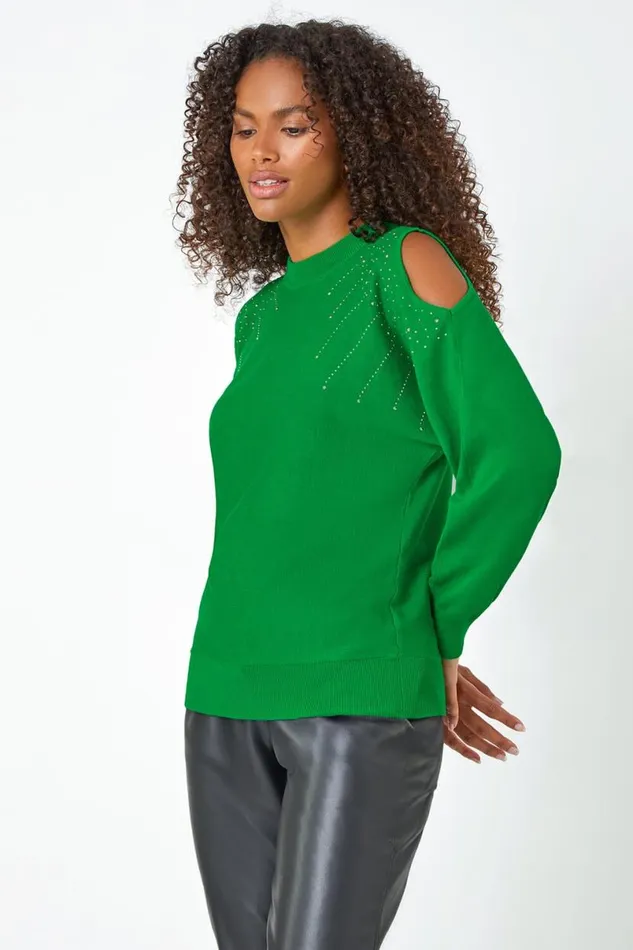 Green Sparkle Cold Shoulder Jumper Women Roman Knitwear
