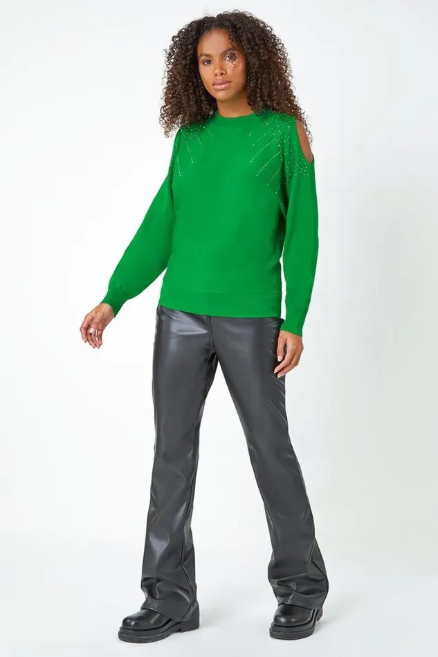 Green Sparkle Cold Shoulder Jumper Women Roman Knitwear