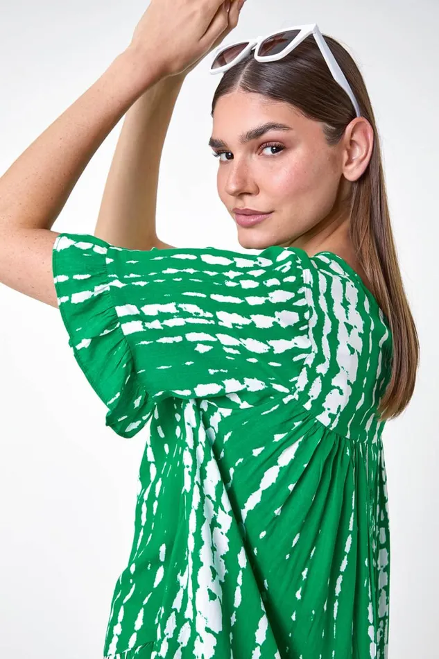 Green Tie Dye Dipped Hem Frill Detail Top Women Roman Tops