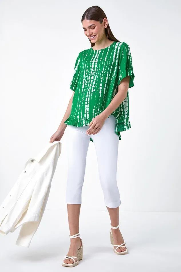 Green Tie Dye Dipped Hem Frill Detail Top Women Roman Tops
