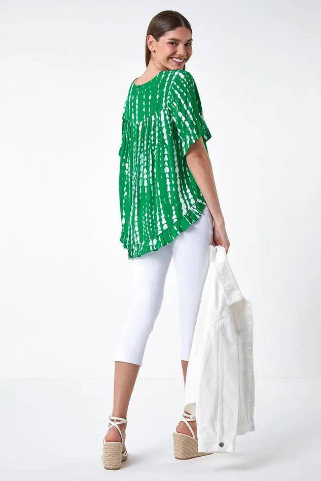 Green Tie Dye Dipped Hem Frill Detail Top Women Roman Tops