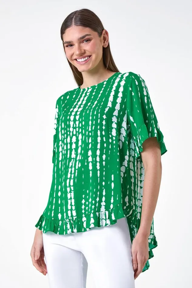 Green Tie Dye Dipped Hem Frill Detail Top Women Roman Tops