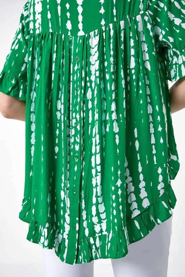 Green Tie Dye Dipped Hem Frill Detail Top Women Roman Tops