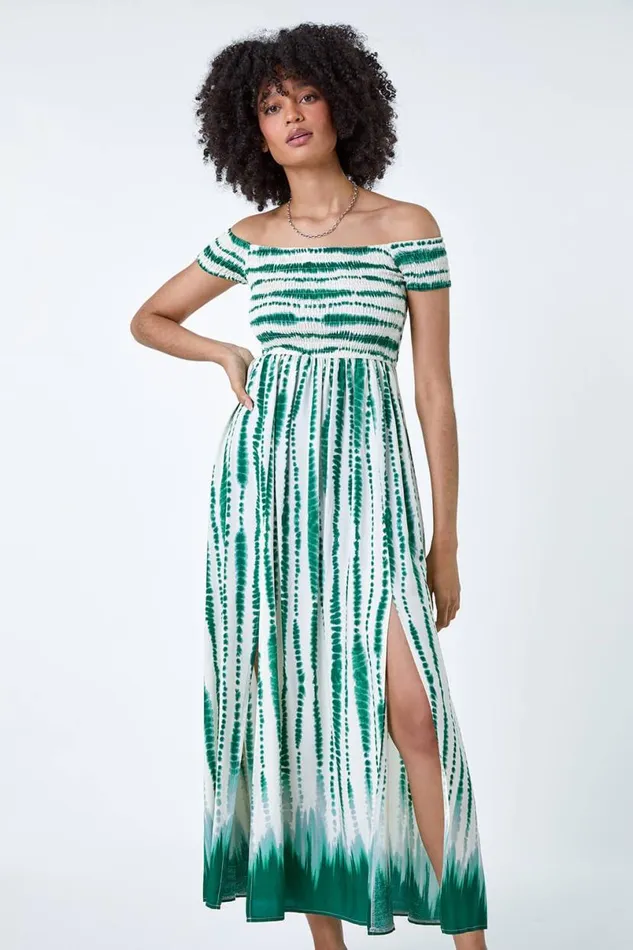 Green Tie Dye Shirred Bardot Maxi Dress Women Roman Dresses