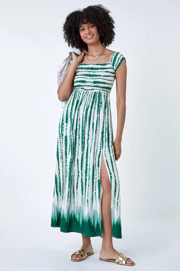 Green Tie Dye Shirred Bardot Maxi Dress Women Roman Dresses