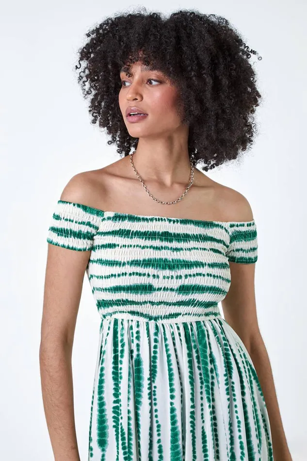 Green Tie Dye Shirred Bardot Maxi Dress Women Roman Dresses