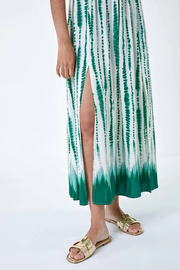 Green Tie Dye Shirred Bardot Maxi Dress Women Roman Dresses