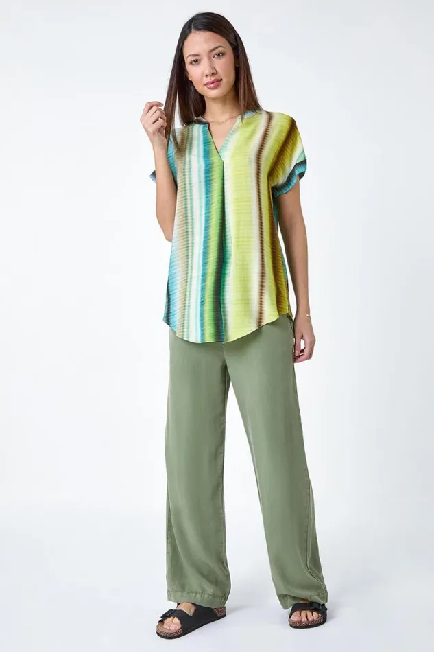 Green Tie Dye VNeck Pleat Detail Top Women Roman Tops