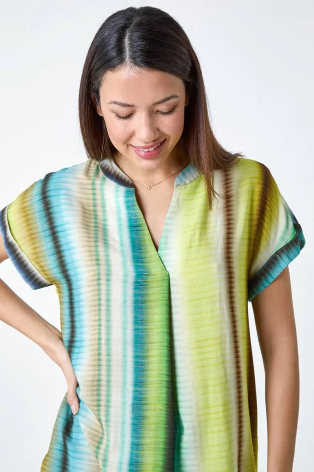 Green Tie Dye VNeck Pleat Detail Top Women Roman Tops
