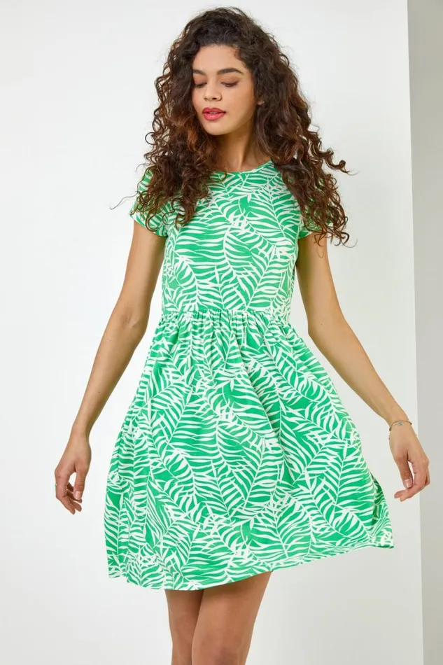 Green Tropical Leaf Print Jersey Dress Women Roman Dresses