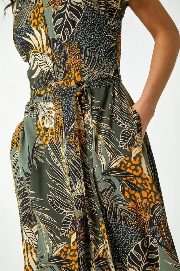 Green Tropical Leaf Print Shirt Dress Women Roman Dresses