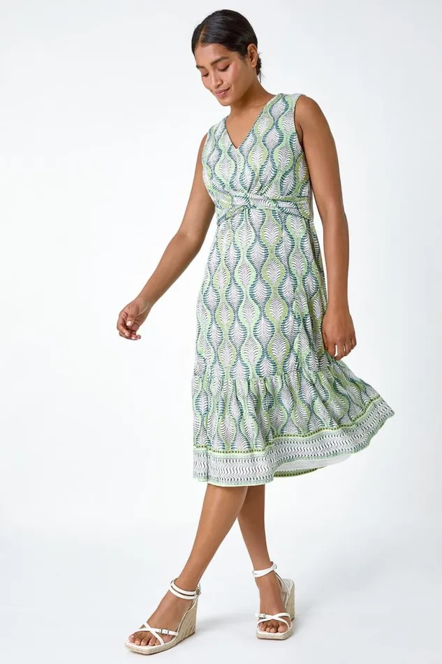 Green Twist Front Leaf Print Stretch Dress Women Roman Dresses