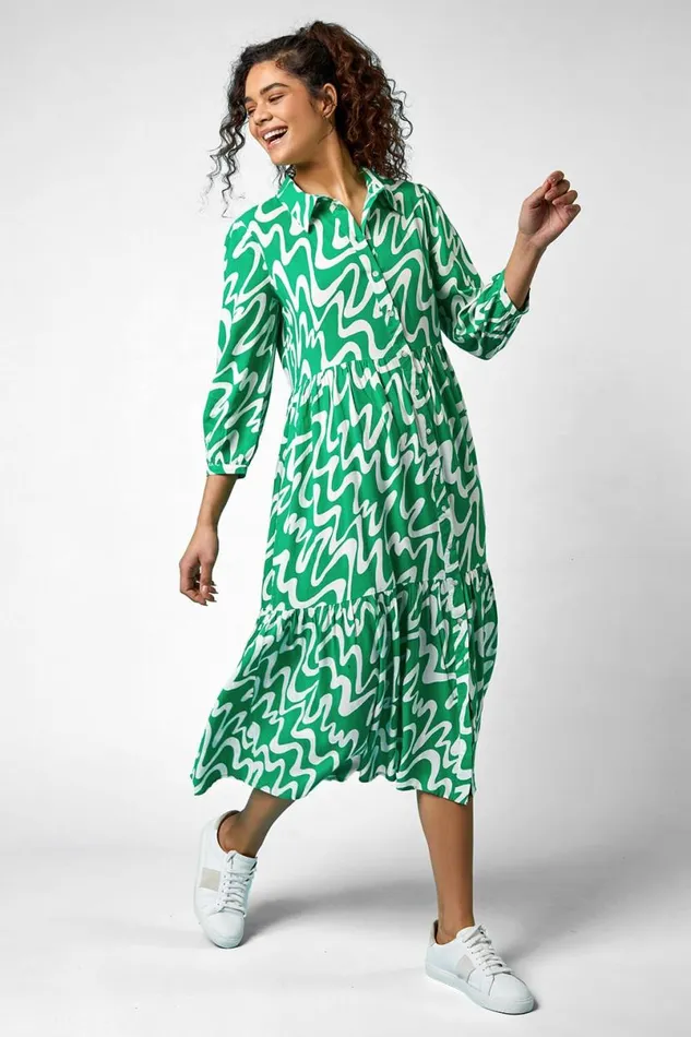 Green Wave Print Tiered Shirt Dress Women Roman Dresses