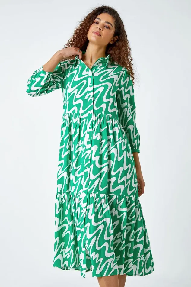 Green Wave Print Tiered Shirt Dress Women Roman Dresses