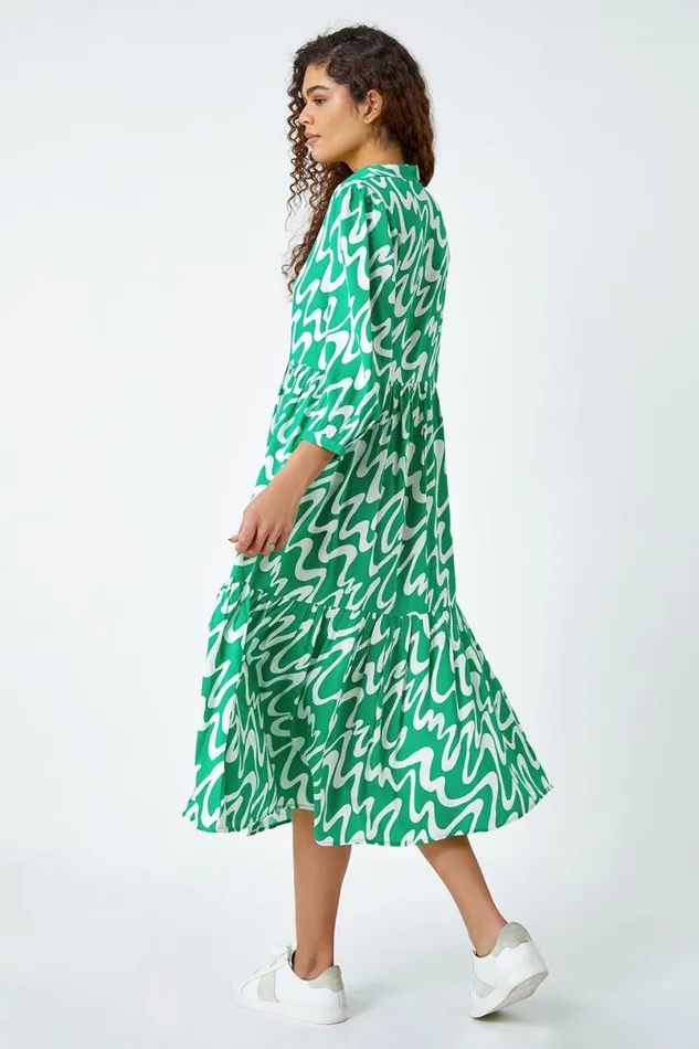 Green Wave Print Tiered Shirt Dress Women Roman Dresses