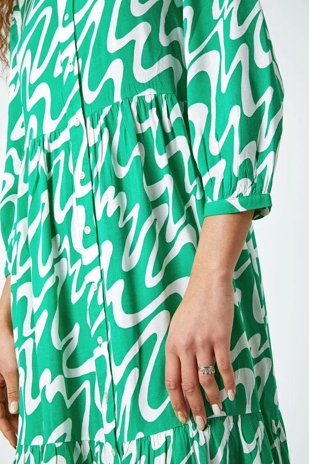 Green Wave Print Tiered Shirt Dress Women Roman Dresses