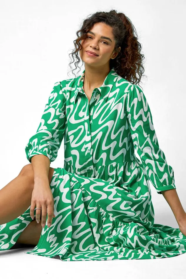 Green Wave Print Tiered Shirt Dress Women Roman Dresses