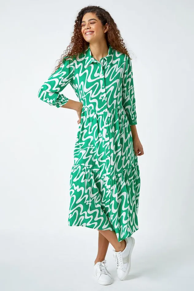 Green Wave Print Tiered Shirt Dress Women Roman Dresses