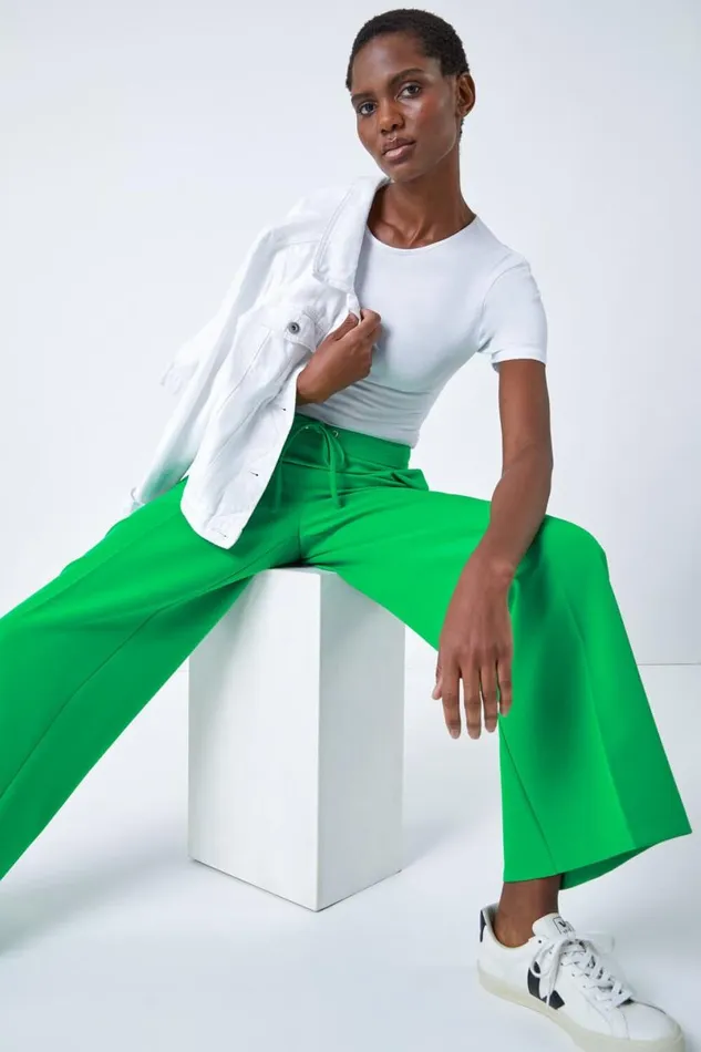 Green Wide Leg Elastic Waist Tie Front Trouser Women Roman Trousers