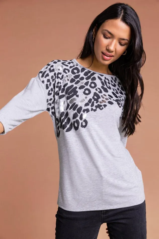 Grey Animal Foil Print Jersey Top Women Roman Tops