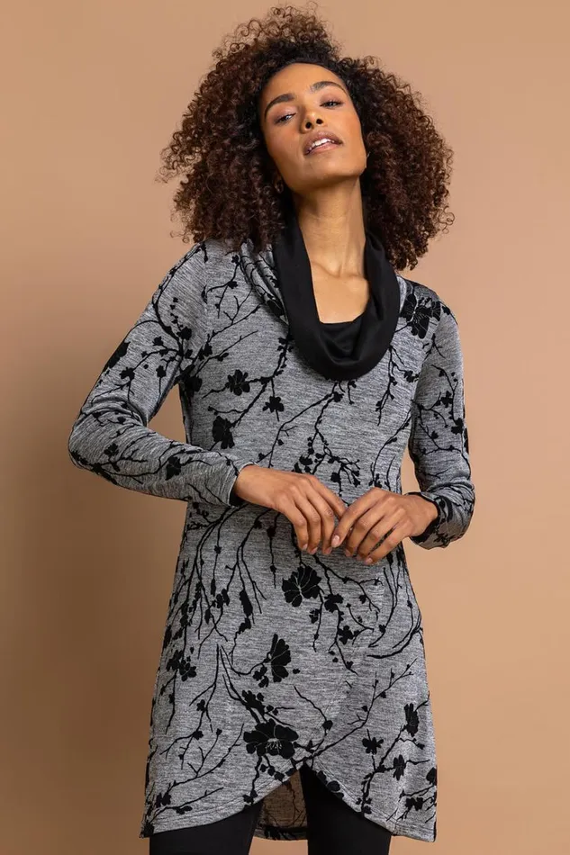 Grey Floral Print Cowl Neck Long Sleeve Tunic Top Women Roman Tops