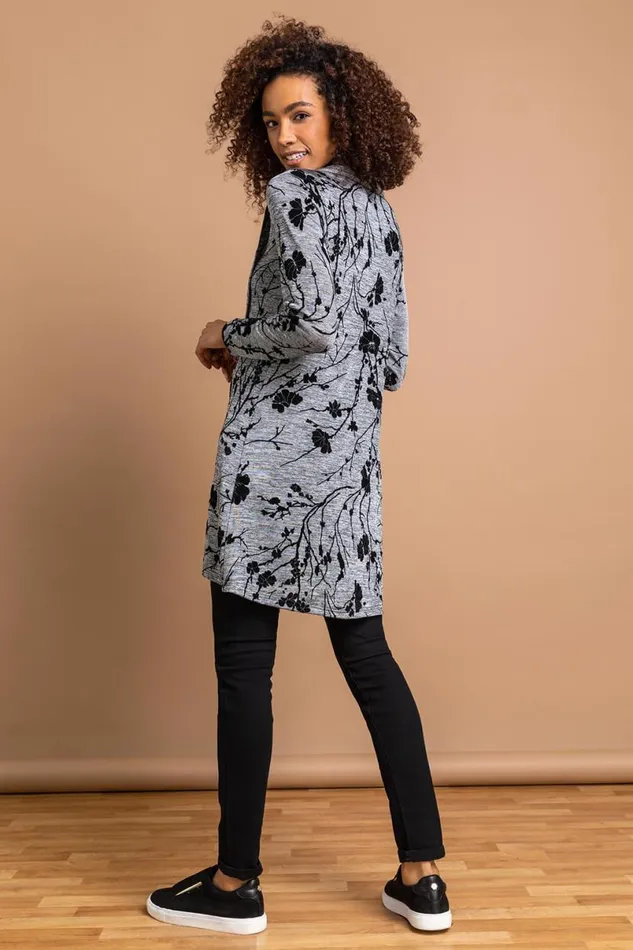 Grey Floral Print Cowl Neck Long Sleeve Tunic Top Women Roman Tops