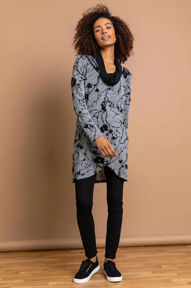 Grey Floral Print Cowl Neck Long Sleeve Tunic Top Women Roman Tops