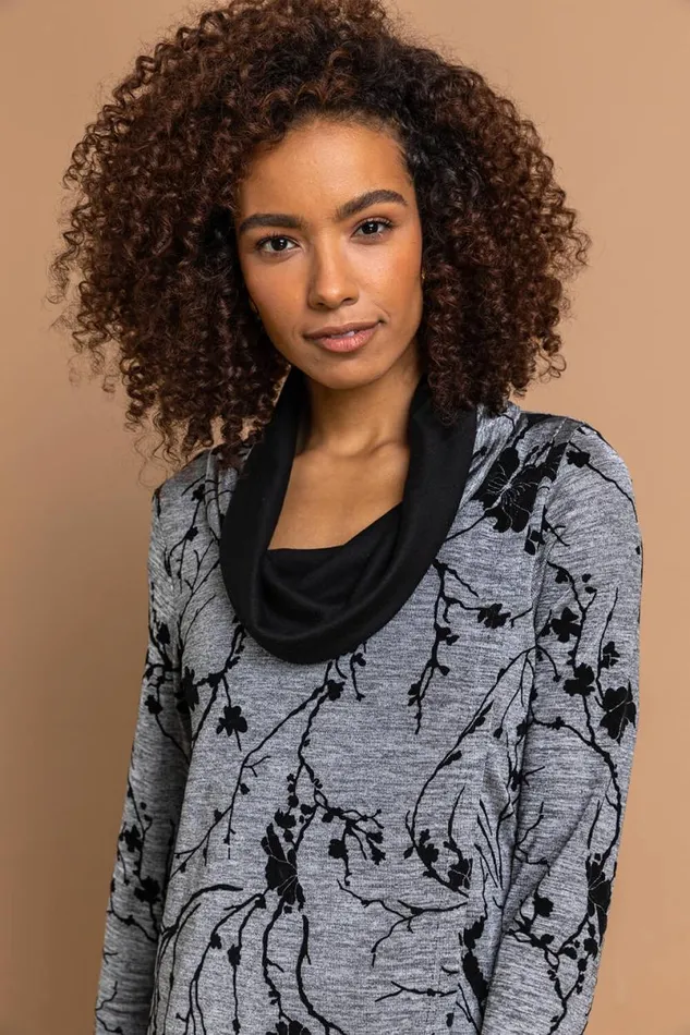 Grey Floral Print Cowl Neck Long Sleeve Tunic Top Women Roman Tops
