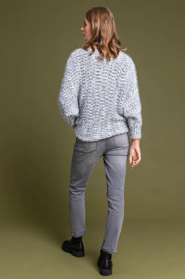 Grey Fluffy Batwing Sleeve Jumper Women Roman Knitwear