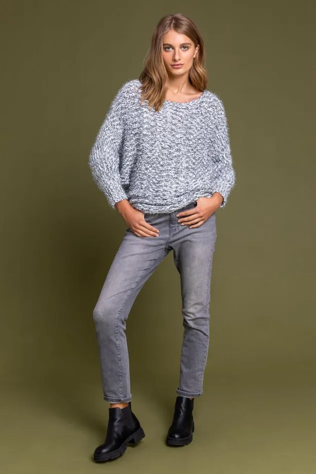 Grey Fluffy Batwing Sleeve Jumper Women Roman Knitwear