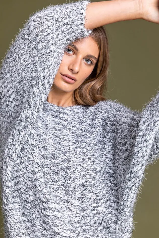 Grey Fluffy Batwing Sleeve Jumper Women Roman Knitwear