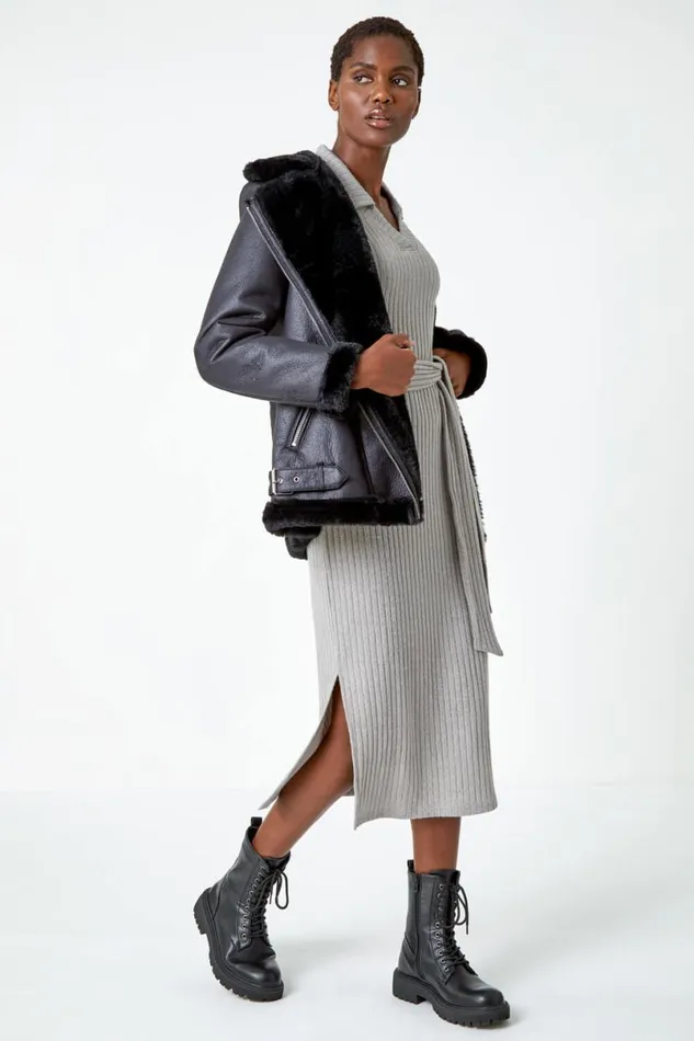 Grey Ribbed Midi Jumper Stretch Dress Women Roman Dresses