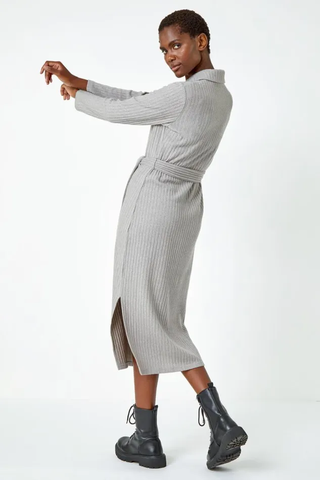Grey Ribbed Midi Jumper Stretch Dress Women Roman Dresses