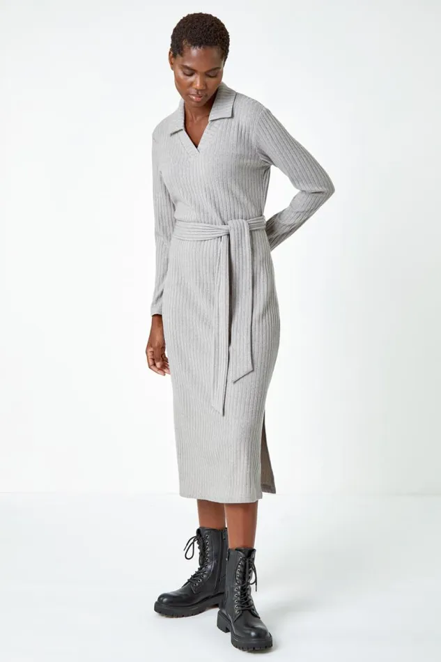 Grey Ribbed Midi Jumper Stretch Dress Women Roman Dresses