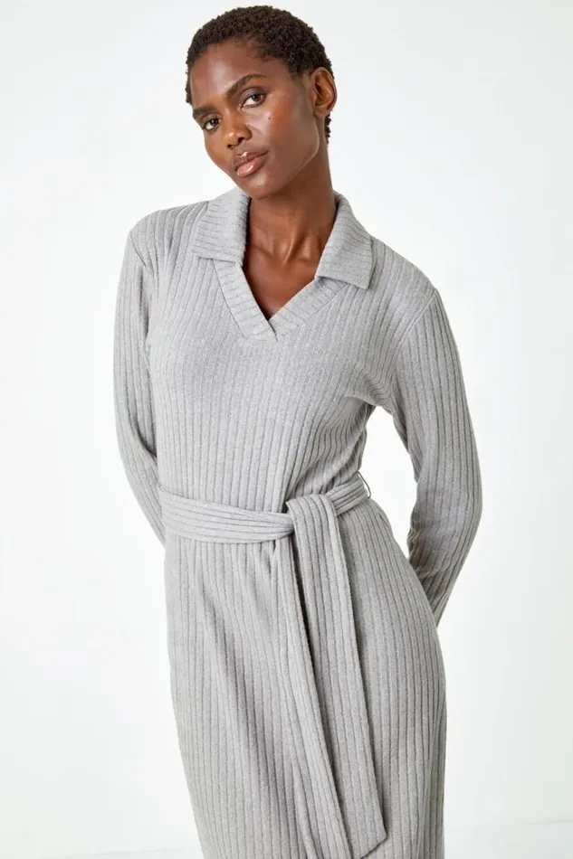 Grey Ribbed Midi Jumper Stretch Dress Women Roman Dresses