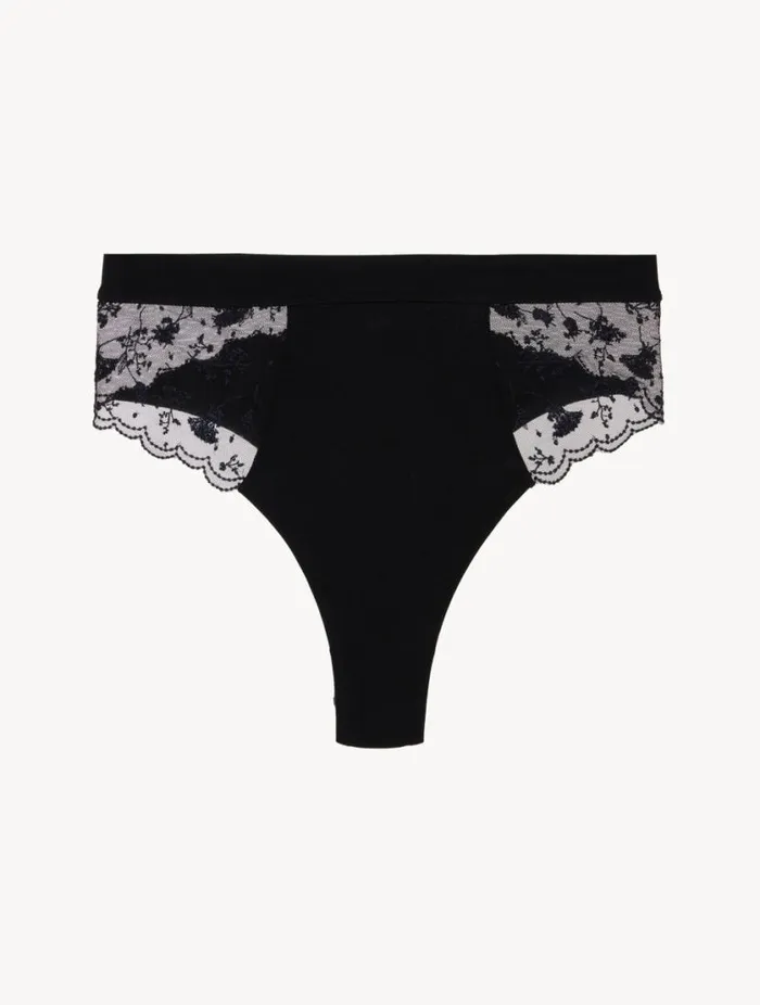 High Waisted Briefs In Onyx With Embroidered Tulle Lingerie La Perla Highwaist