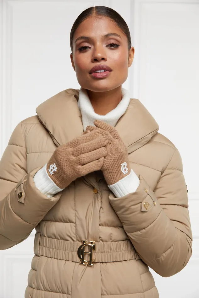 Holland Cooper Chelsea Logo Knitted Gloves Camel Cream Women Gloves
