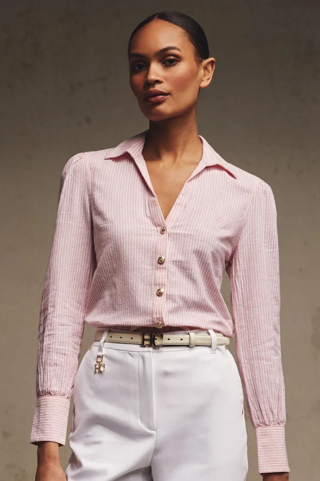 Holland Cooper Classic VNeck Blouse Pink Stripe Women Shirts and Blouses