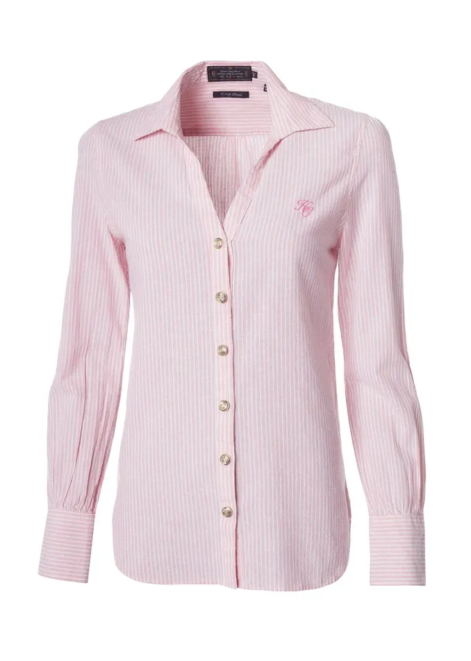 Holland Cooper Classic VNeck Blouse Pink Stripe Women Shirts and Blouses