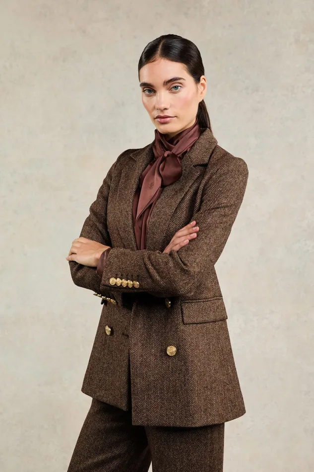 Holland Cooper Double Breasted Blazer Large Scale Brown Herringbone Women Blazers