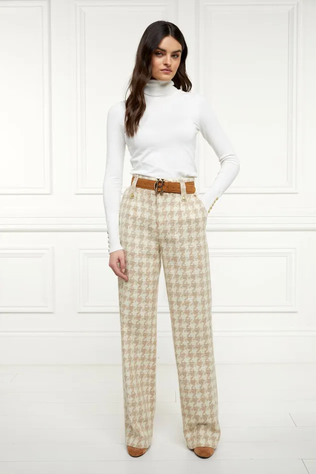 Holland Cooper High Waisted Straight Trouser Camel Houndstooth Women Tailoring