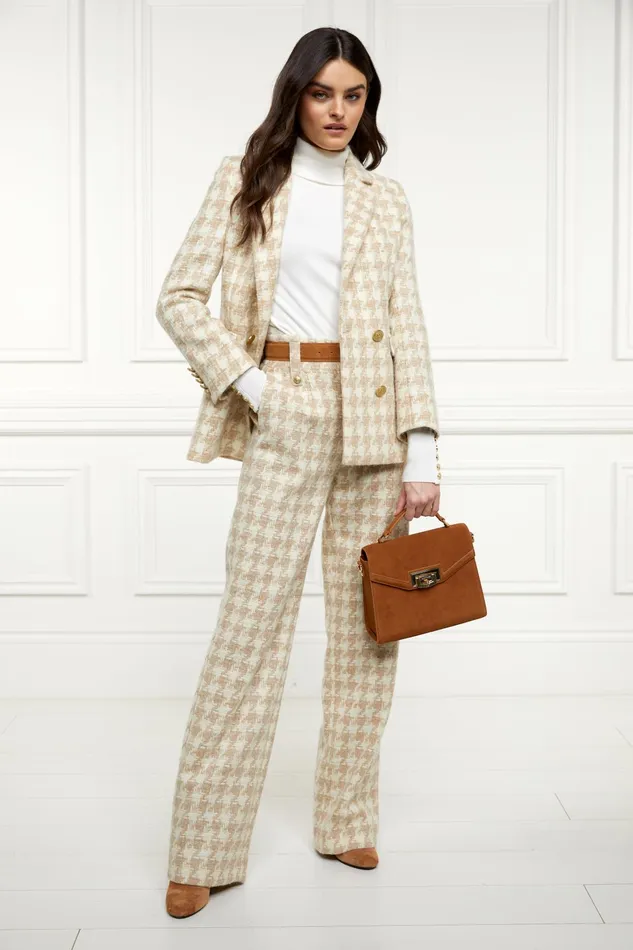 Holland Cooper High Waisted Straight Trouser Camel Houndstooth Women Tailoring
