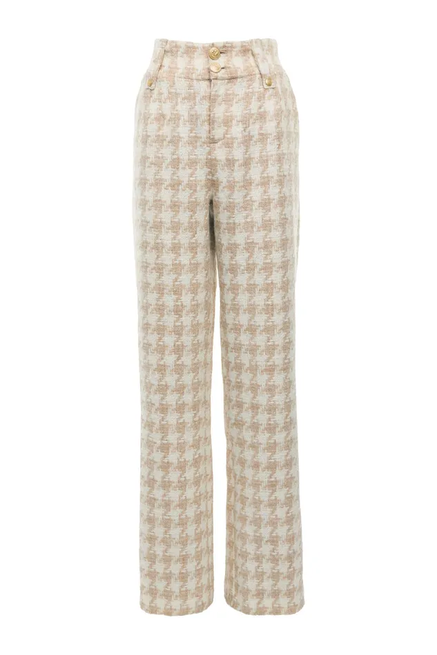Holland Cooper High Waisted Straight Trouser Camel Houndstooth Women Tailoring